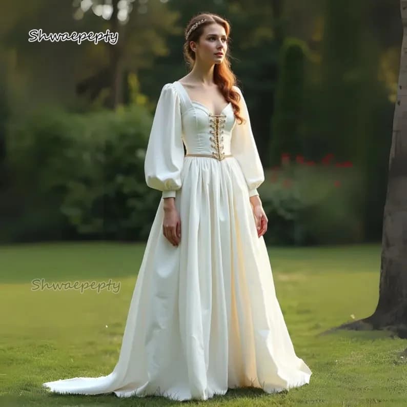 Abito da sposa medievale con corpetto a corsetto con maniche a vescovo sul retro con lacci Abito da sposa rinascimentale avorio fantasia personalizzato