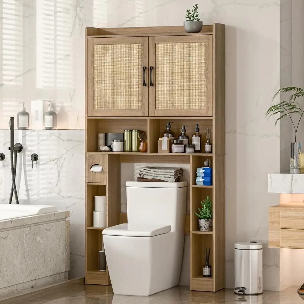 Mobiletto Salvaspazio per Bagno con Ripiani, Portarotolo e Portasciugamani in Rattan Rovere per Bagno, Toilette o Lavanderia