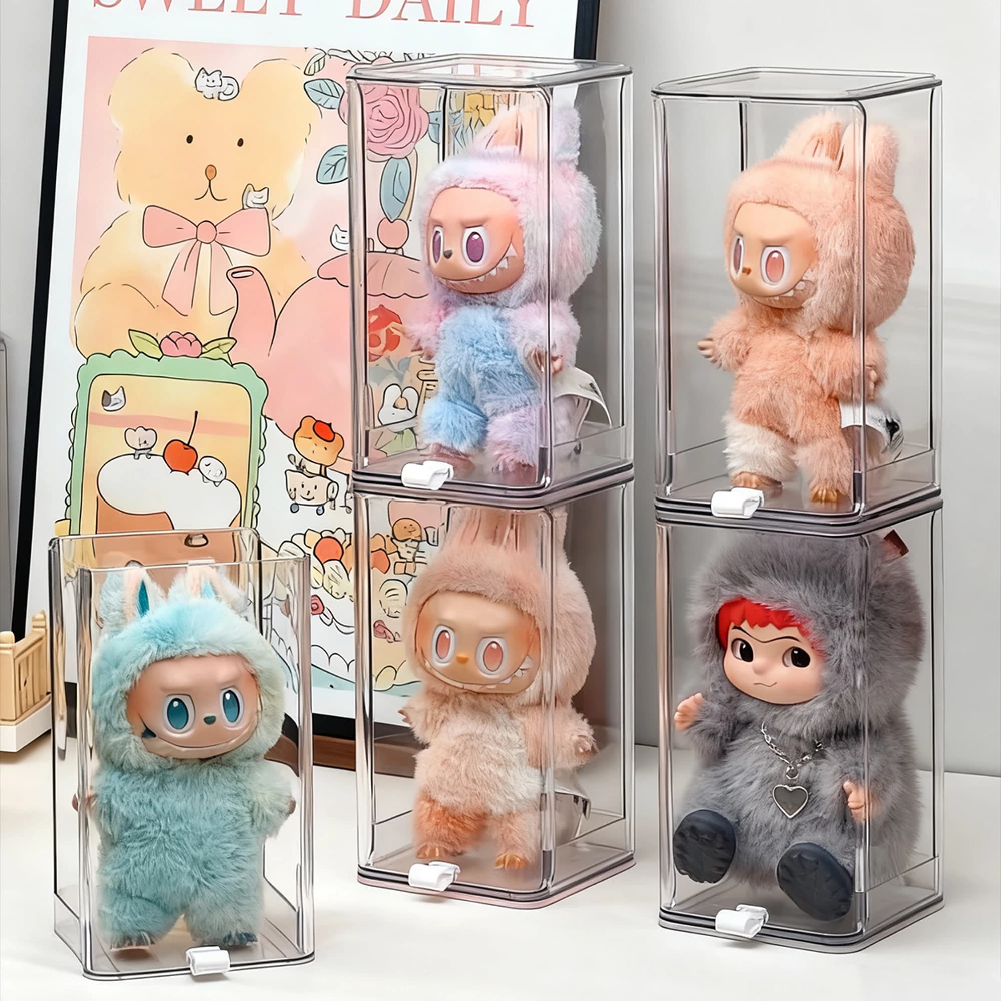 1 piece figurine, compatible with Labubu, transparent plastic doll and glove toy box, cye box display