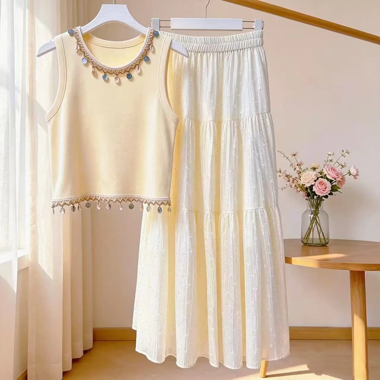 New Fashion Summer Casual Two Piece Set Women Sequin O-neck Sleeveless Vest Top + A-line Patchwork Skirt Casual Outfit