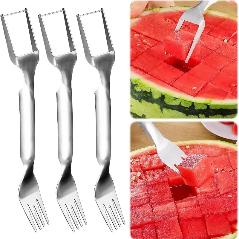 2 in 1 watermelon fork multipurpose slicer stainless steel cutting knife for melon cubes kitchen tool gadget