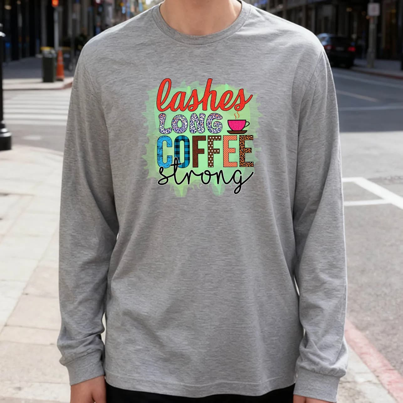 Men's Long Sleeved T-shirt Coffee Strong 180g 100% cotton printed casual crew neck to wear every day soft and breathable