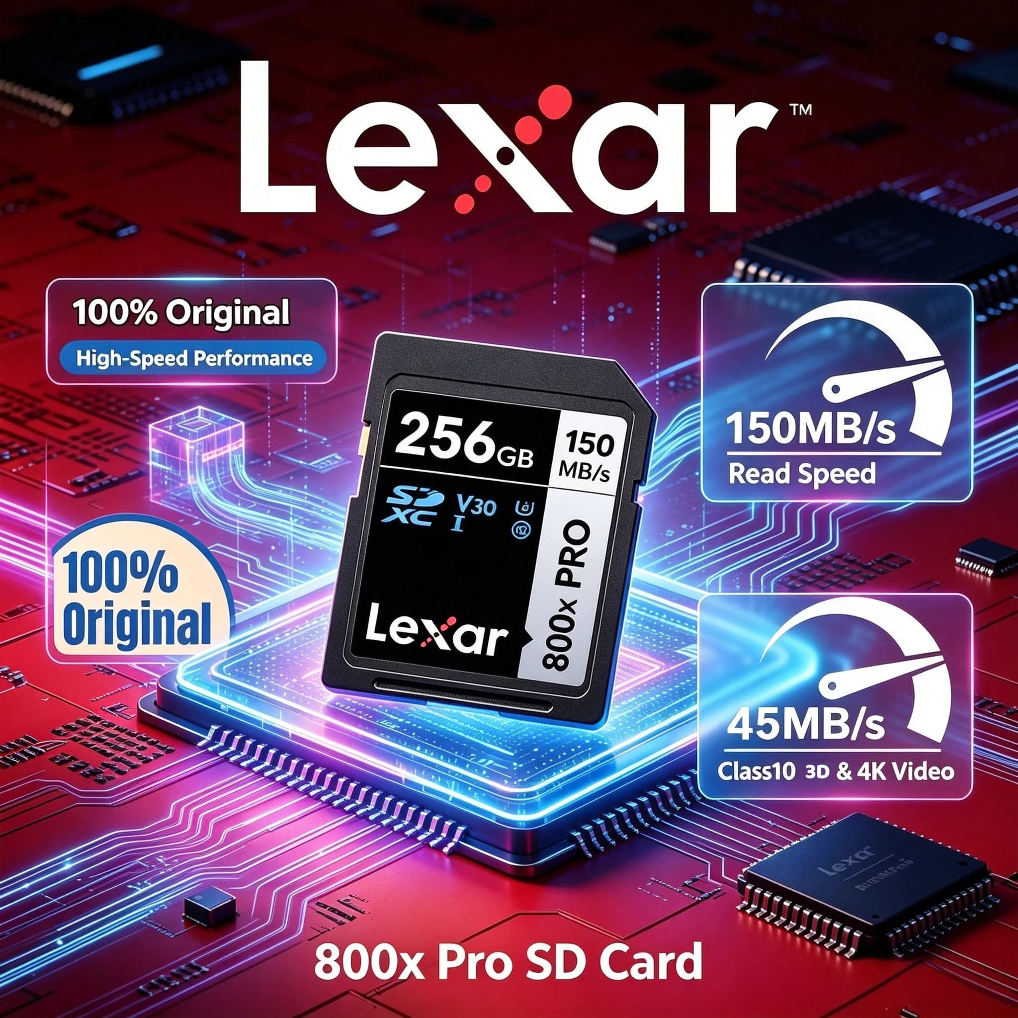 Lexar 800X Pro SD Card: UHS-I Class 10 V30 150MB/s Read Speed Supports 4K Video Available in 32GB to 256GB Ideal for Pro Cameras