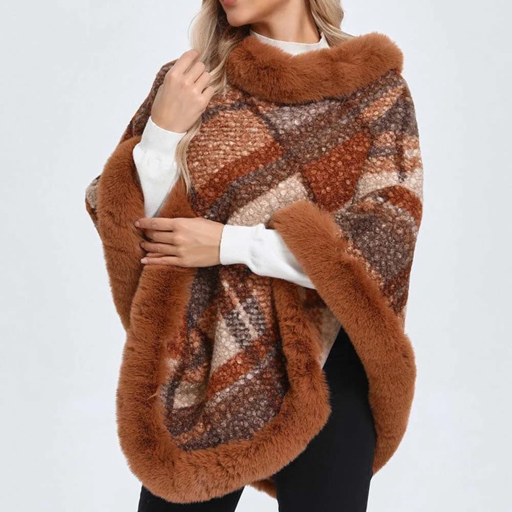 2025 Mantello da donna Grande pendolo Tessuto jacquard a righe Caldo oversize lavorato a maglia Poncho Scialle in pelliccia di agnello sintetica O Collo Pullover Cappotto superiore