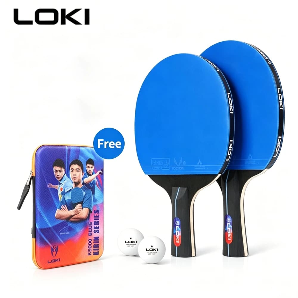 Set di racchette da ping pong professionali originali Loki K5000, 2 pezzi, con 2 palline e borsa portaoggetti per principianti