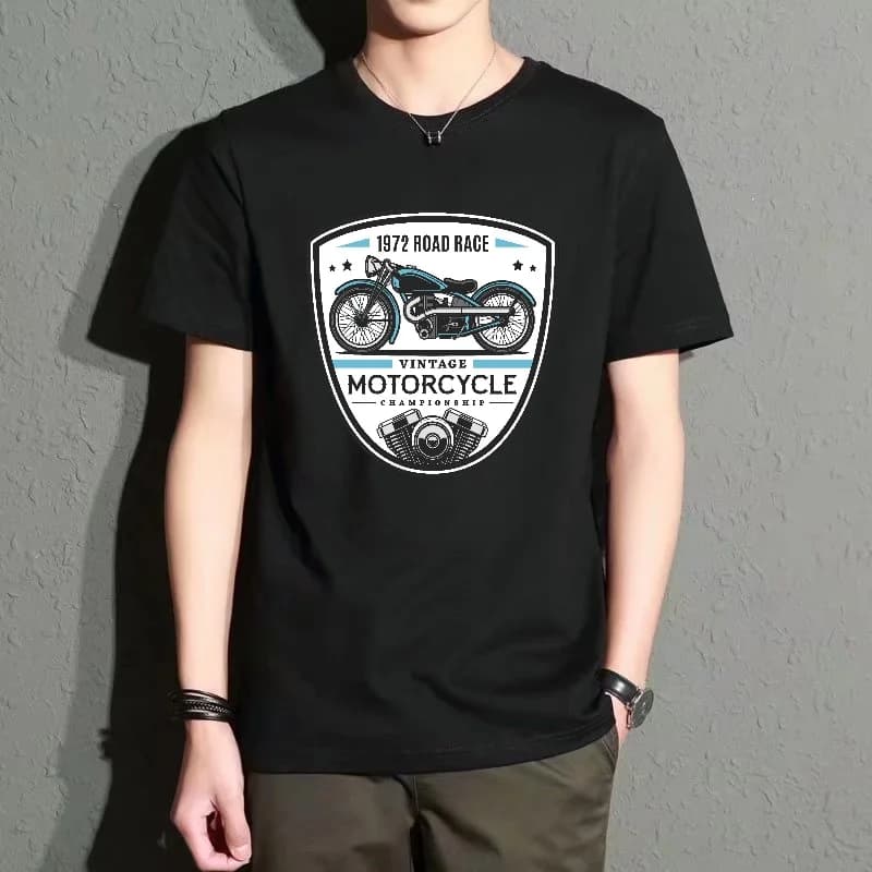 Men's Black Round-Neck Short-Sleeved T-Shirt with Retro Motorcycle Print Pattern, Casual Street Style Top, Versatile Trendy Item for Everyday Wear, Comfortable and Breathable