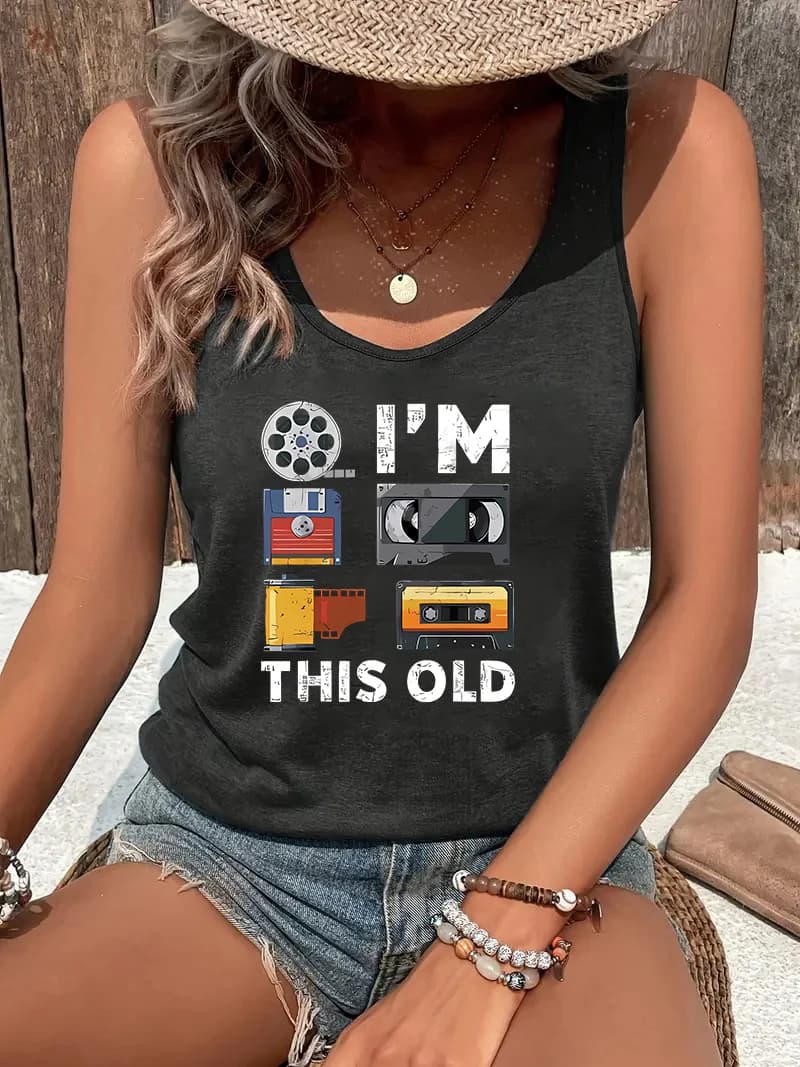 Women's Summer Sleeveless Tank Top, Retro Film Tape Cassette "I'm This Old" Letter Print, Nostalgic Movie Lover Casual Vest