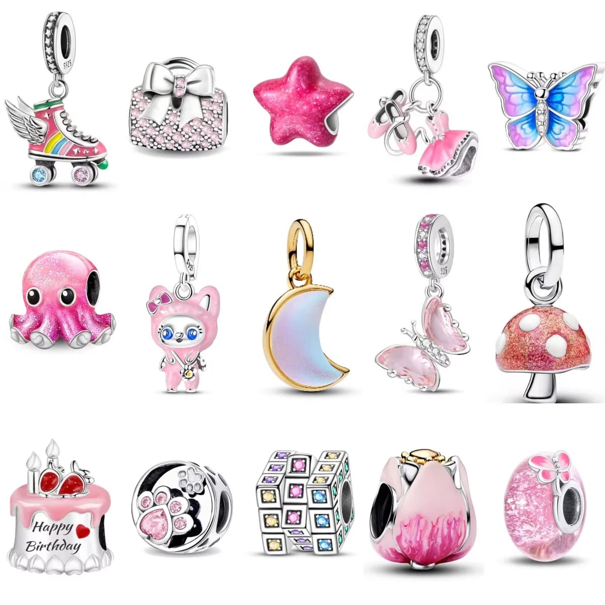 Nuovi ciondoli in argento 925 rosa per bracciali stile europeo - Graziose scarpe da pattinaggio, farfalla, torta, gioielli fai da te da donna