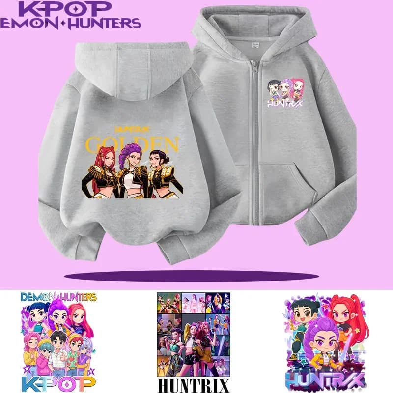 Casual Jacket with Hood and Zip for Girls Style Kpop Demon Hunters, Long Sleeve with Cartoon Printing, Spring Autumn