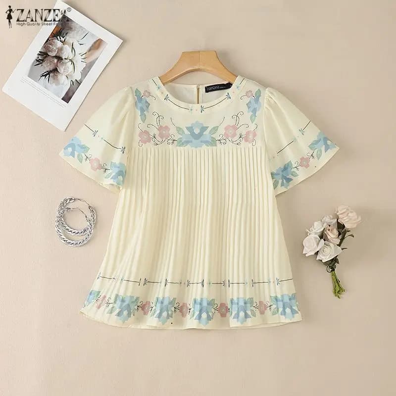 Summer Bohemain Printed Blouse ZANZEA 2026 Women O Neck Short Sleeve Holiday Tops Elegant Work Shirt Casual Chemise Mujer Femme