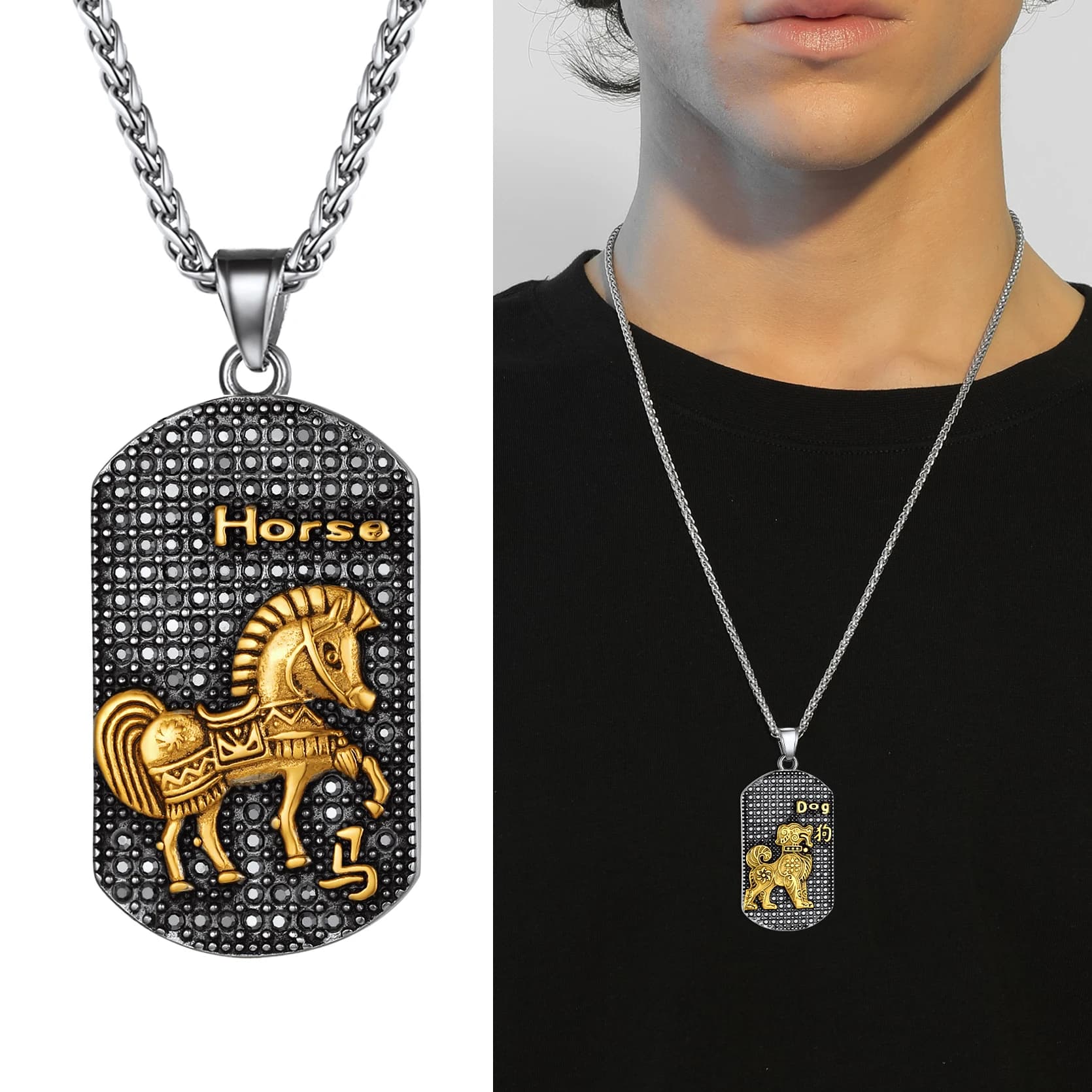 Collane con Ciondolo Zodiacale Cinese in Acciaio Inossidabile 316L, Amuleto con Strass Neri, Regalo di Compleanno con Animale dello Zodiaco