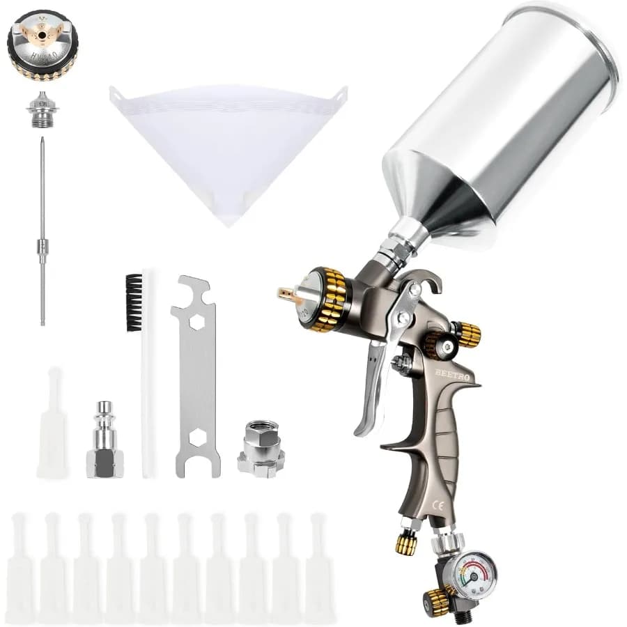 Pistola a spruzzo d'aria HVLP Ugello da 1,7 mm Capacità 1000 ml 14,5 CFM 3043 psi con 11 filtri 10 pezzi Filtri per vernice 190 M Valvola di controllo dell'aria 1