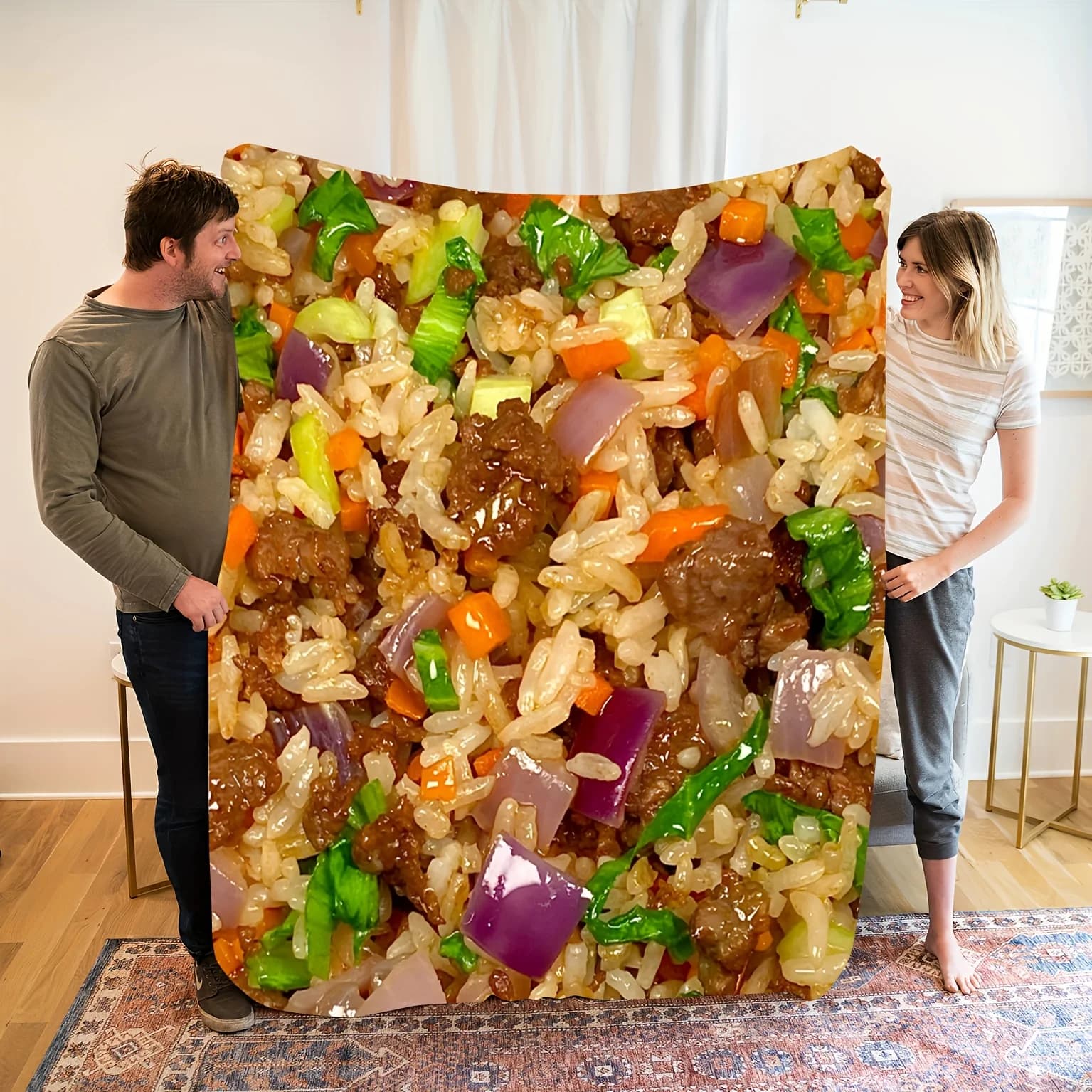 Coperta in flanella con stampa riso fritto in stile cinese, morbida, calda e accogliente per pisolini, campeggio, viaggi, decorazioni per la casa, amanti della cucina