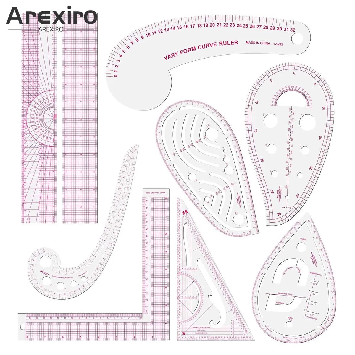 9Pcs Sewing Pattern Ruler Set Clear PVC Tailor Drafting Ruler Garment Dressmaking Curve Rule Clothing Pattern Making Tools Kit