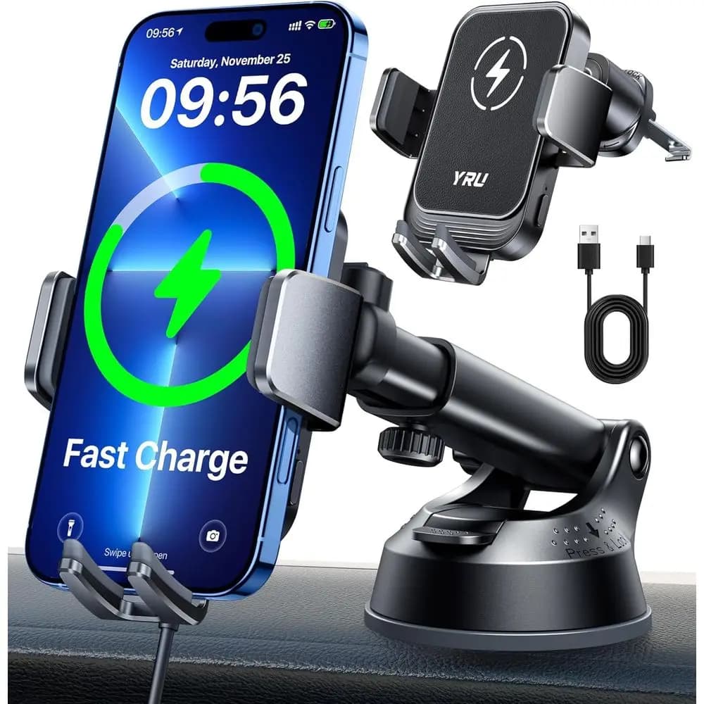 Supporto Auto Wireless, Caricatore da 15W con Blocco Automatico, Supporto per Telefono da Auto con Forte Fissaggio per Parabrezza e Bocchette dell'Aria per iPhone 17 16 15 Pro Max, Nero