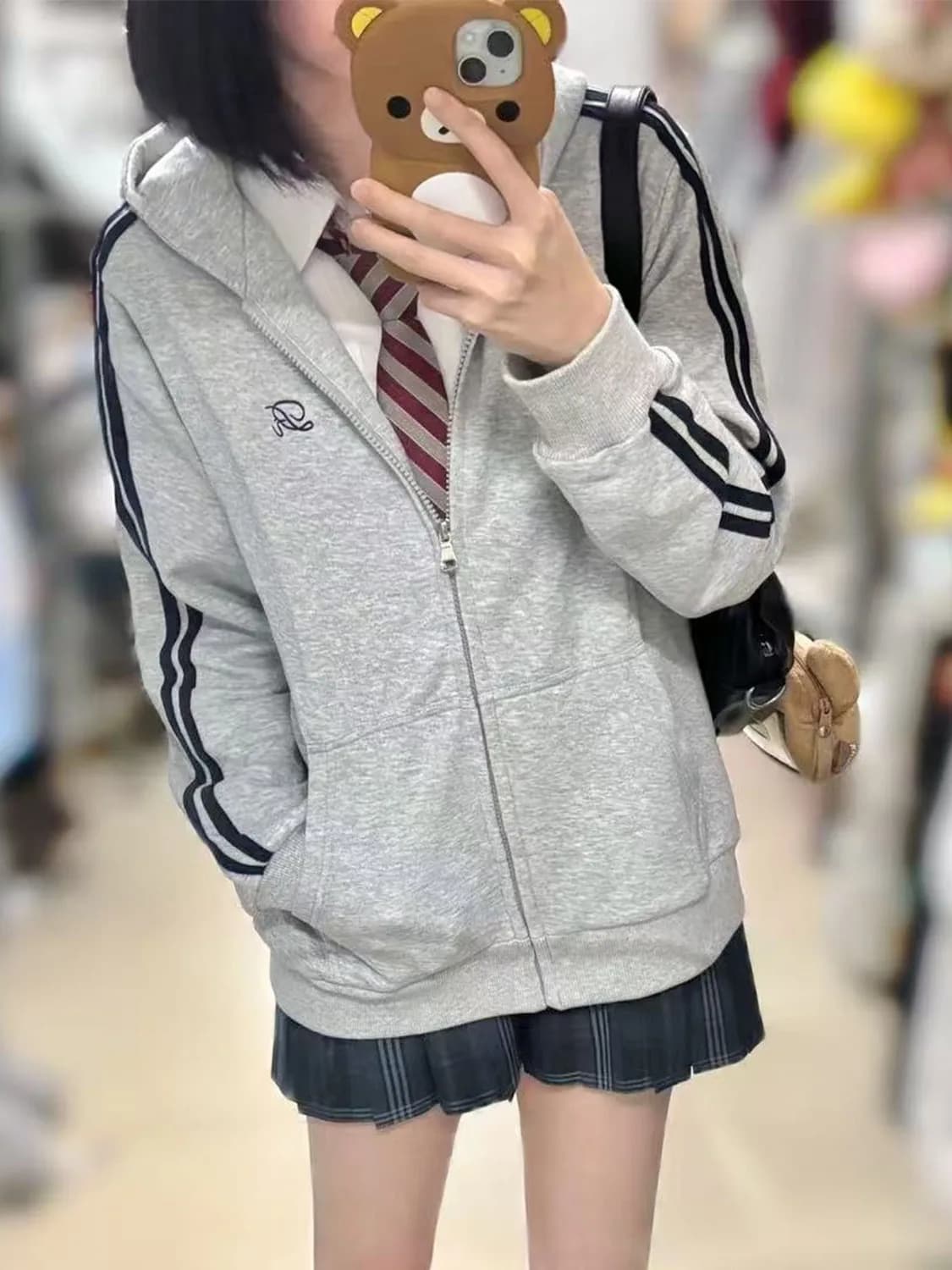 Nuova Felpa con Cappuccio e Zip Grigia, Stile College, Giacca a Maniche Lunghe in Misto Cotone e Poliestere per Donna, Collezione Primavera