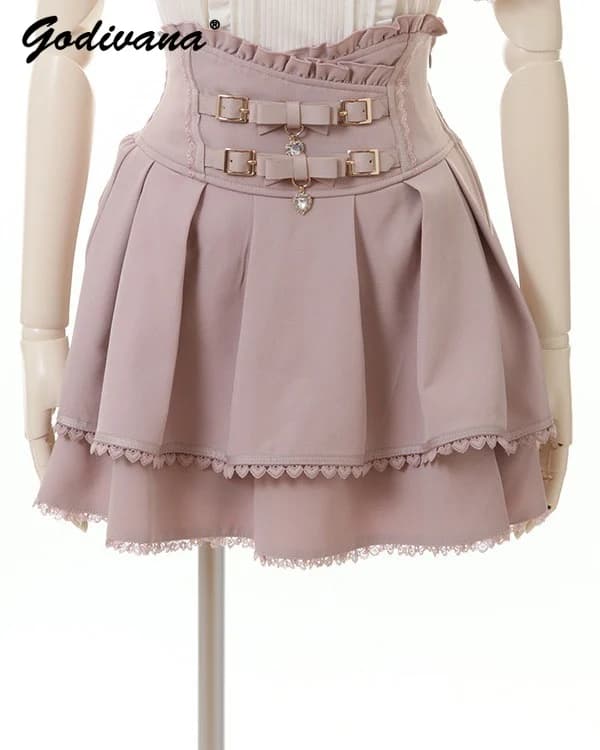 Miniera giapponese doppia farfalla treccia fibbia anello in pelle gonna a vita alta pantaloncini donna Liz gonna corta a pieghe in pizzo rosa dolce