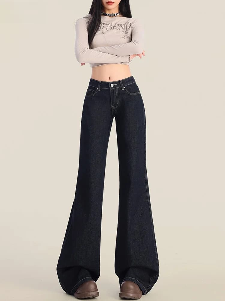 Deep Blue Denim Jeans Women's Low Waist Retro Style Slim Fit American Style Loose Leggings Fashionable And Wear Resistant