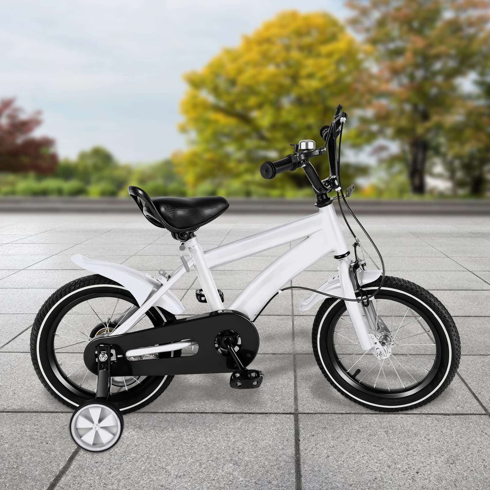 Bicicletta per bambini con ruote da allenamento di sicurezza, pneumatici in gomma da 14 pollici, sedile in PU regolabile, protezione per catena, bianco
