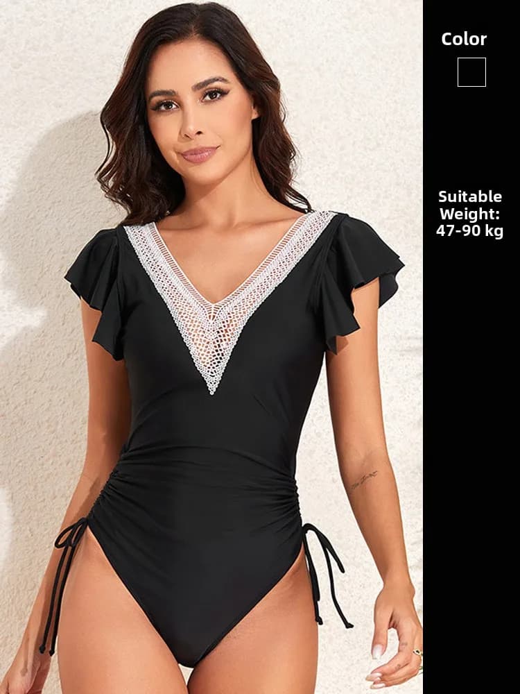 Women's strong black swimsuit, sexy, lace, V-neck, which hides and enhances the figure, pleated, casual
