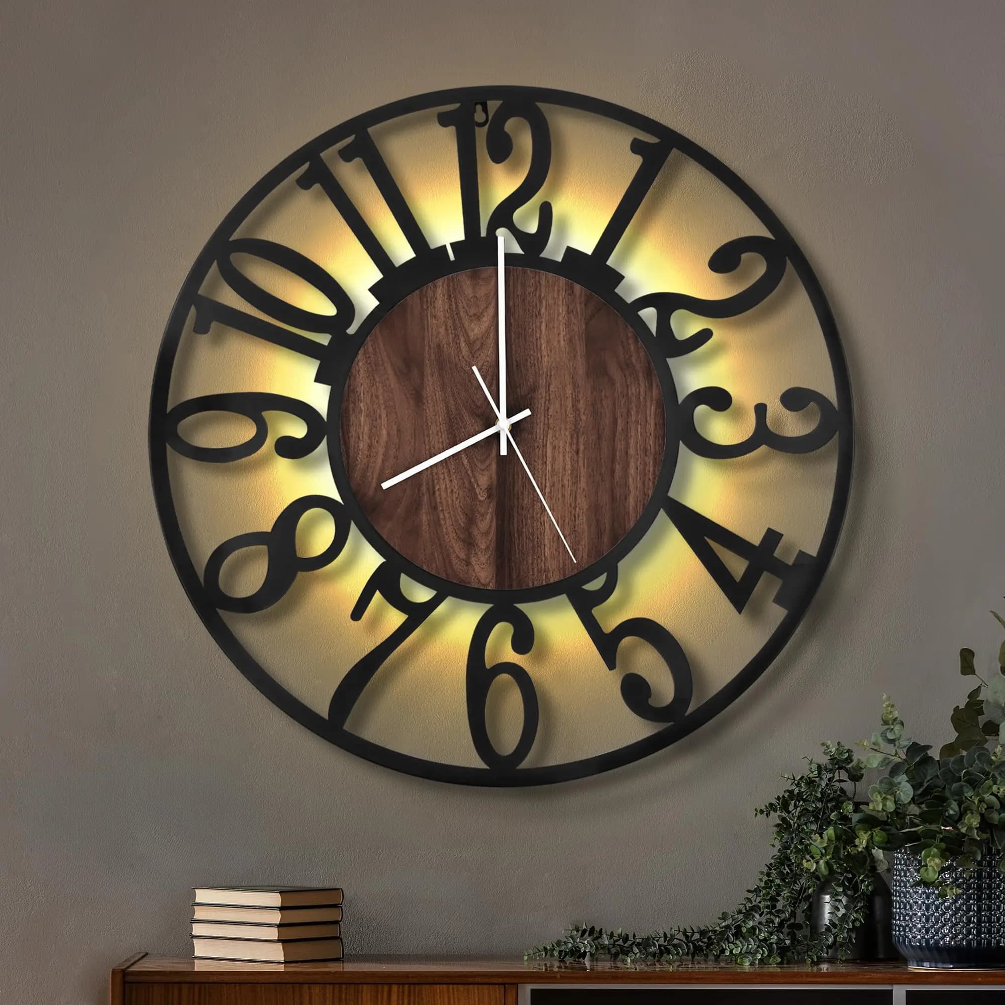 Grande Orologio da Parete con Luce Notturna, Funzionamento a Batteria, Silenzioso, Senza Ticchettio, Stile Rustico Moderno, Grande Orologio in Legno per Soggiorno e Camera da Letto