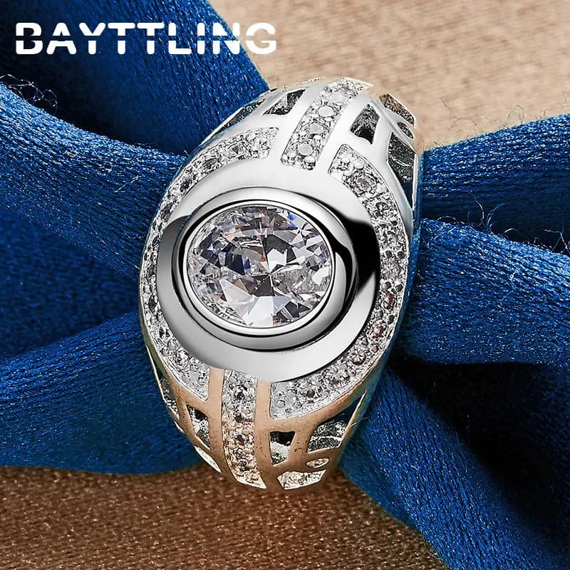 Fashion 925 Sterling Silver 6/7/8/9/10# Round Large Zircon Ring For Men Women Engagement Gifts Jewelry Accessories