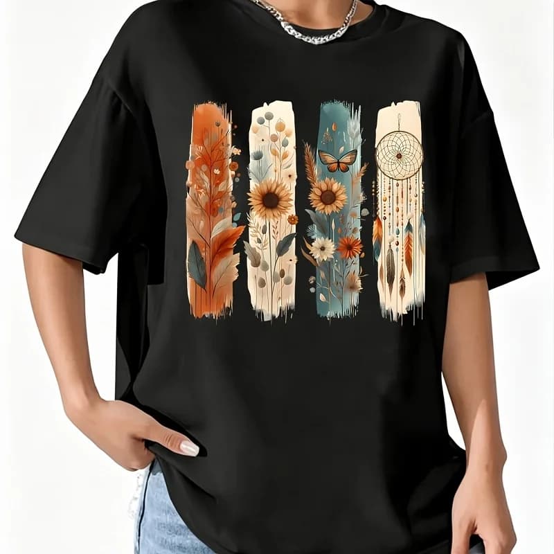 Wildflower Dreamcatcher Women's 100% Cotton T-Shirt Short Sleeve Top Casual Round Neck Fun Print Tee S-5Xl