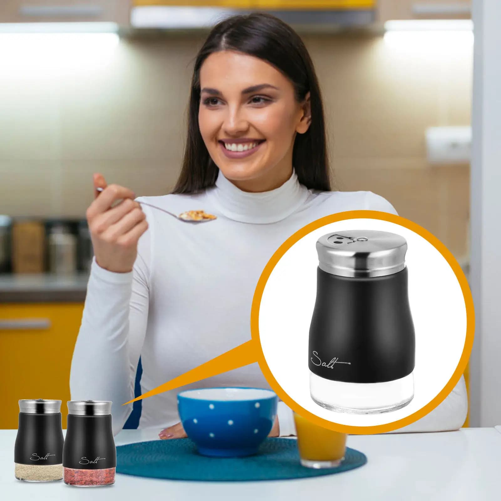 Set di 2 shaker per condimenti in vetro con coperchio in acciaio inossidabile per sale, pepe, spezie, zucchero, con rete fine per versare, per cucina, barbecue, campeggio