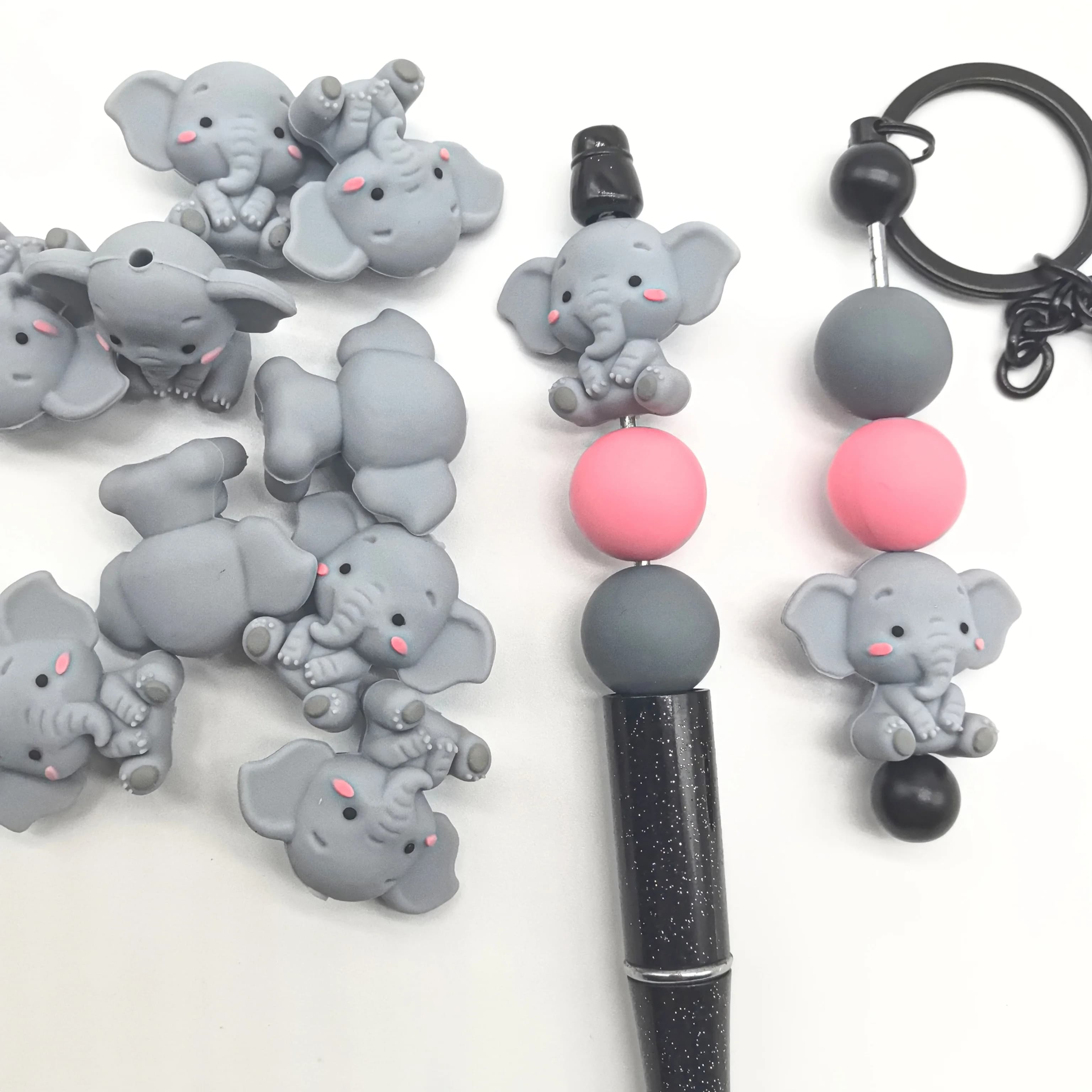 Set di 15 perline in silicone - Simpatico elefante e forme rotonde, rosa e grigio - Ideale per gioielli fai da te, bracciali, portachiavi e artigianato, Sil