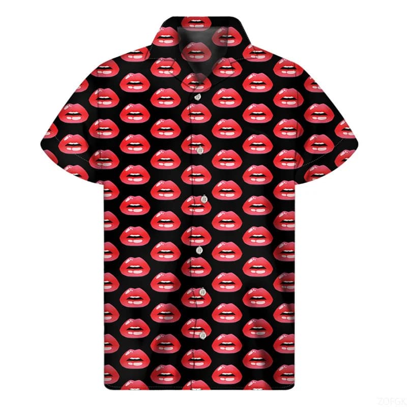 Fashion Red Lips Printed Shirt in 3d Men's Summer Holiday Short Sleeves Wide Knits Hawaiian Button Wraped blouse Aloha