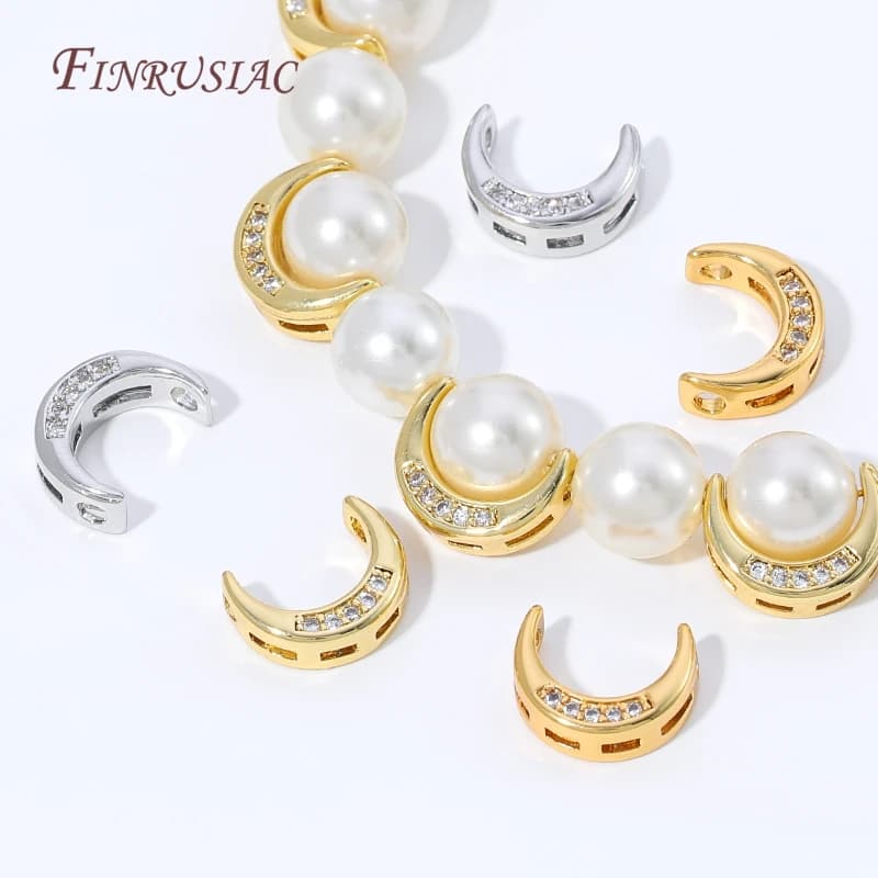 18K Gold Plated Moon Spacer Beads,CZ Inlaid Crescent Moon Beads For DIY Pearl Necklace Bracelet Jewelry Making Findings