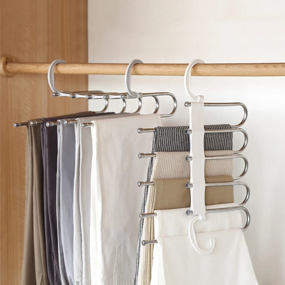 Folding hangers for magic pants, space saving organizer for clothes hangers 5 layers stainless steel space, pants rack for wardrobe organizer
