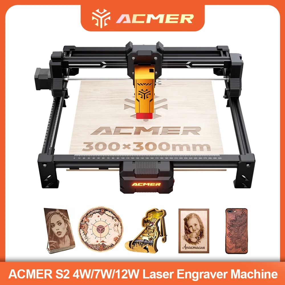 Laser Engraving and Cutting Machine ACMER S2 4W 7W 12W with CNC Head Upgradeable, Wood Processing Tools, Compensated, Acrylic, Leather