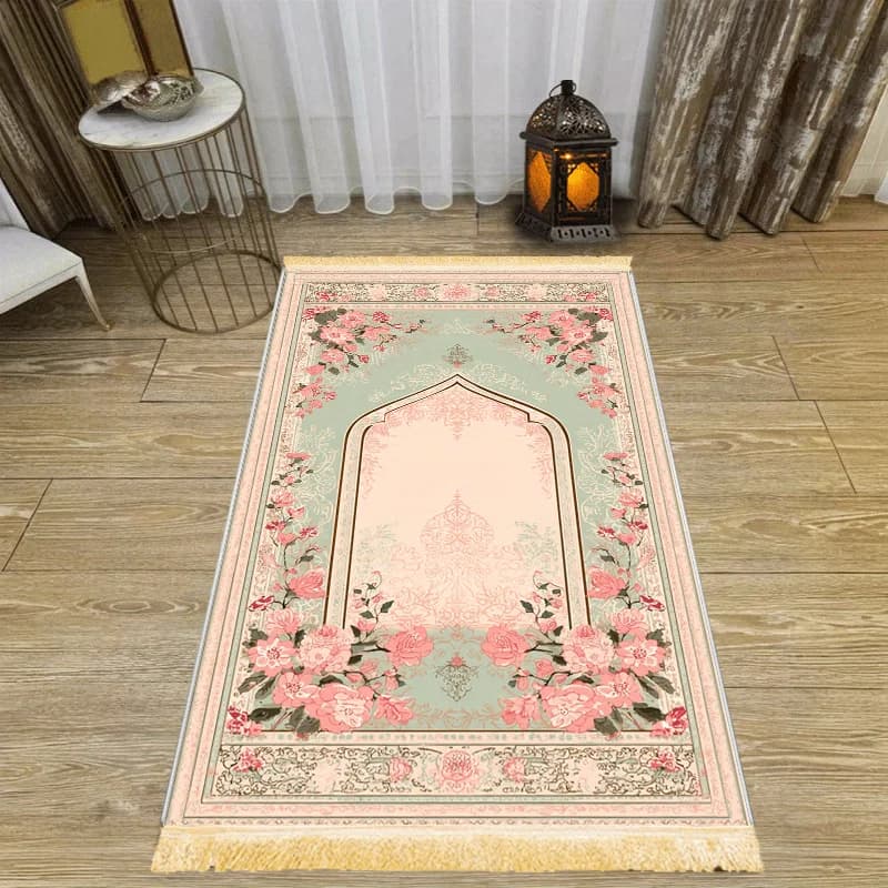 Tappetino da Preghiera Musulmano VIKAMA con Design Floreale Rosa e Verde, Tappeto Portatile per Camera da Letto, Soggiorno e Viaggi