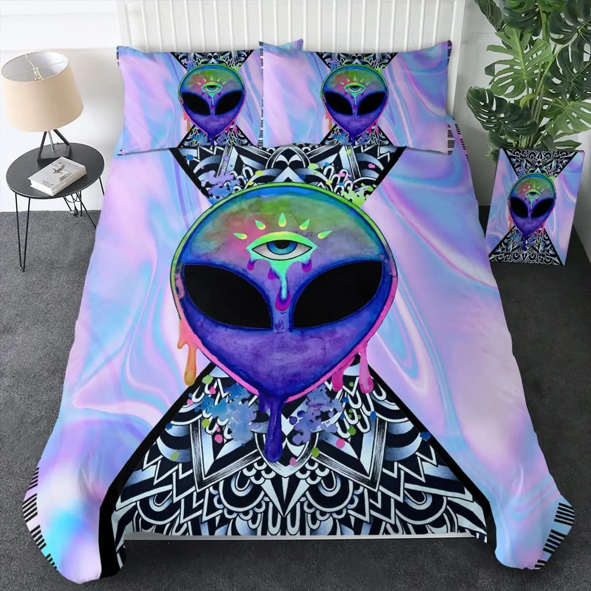 Set copripiumino Trippy Alien Set biancheria da letto Queen Alien Skull Spazio psichedelico Acquerello Copriletto colorato Queen Size Regalo alieno