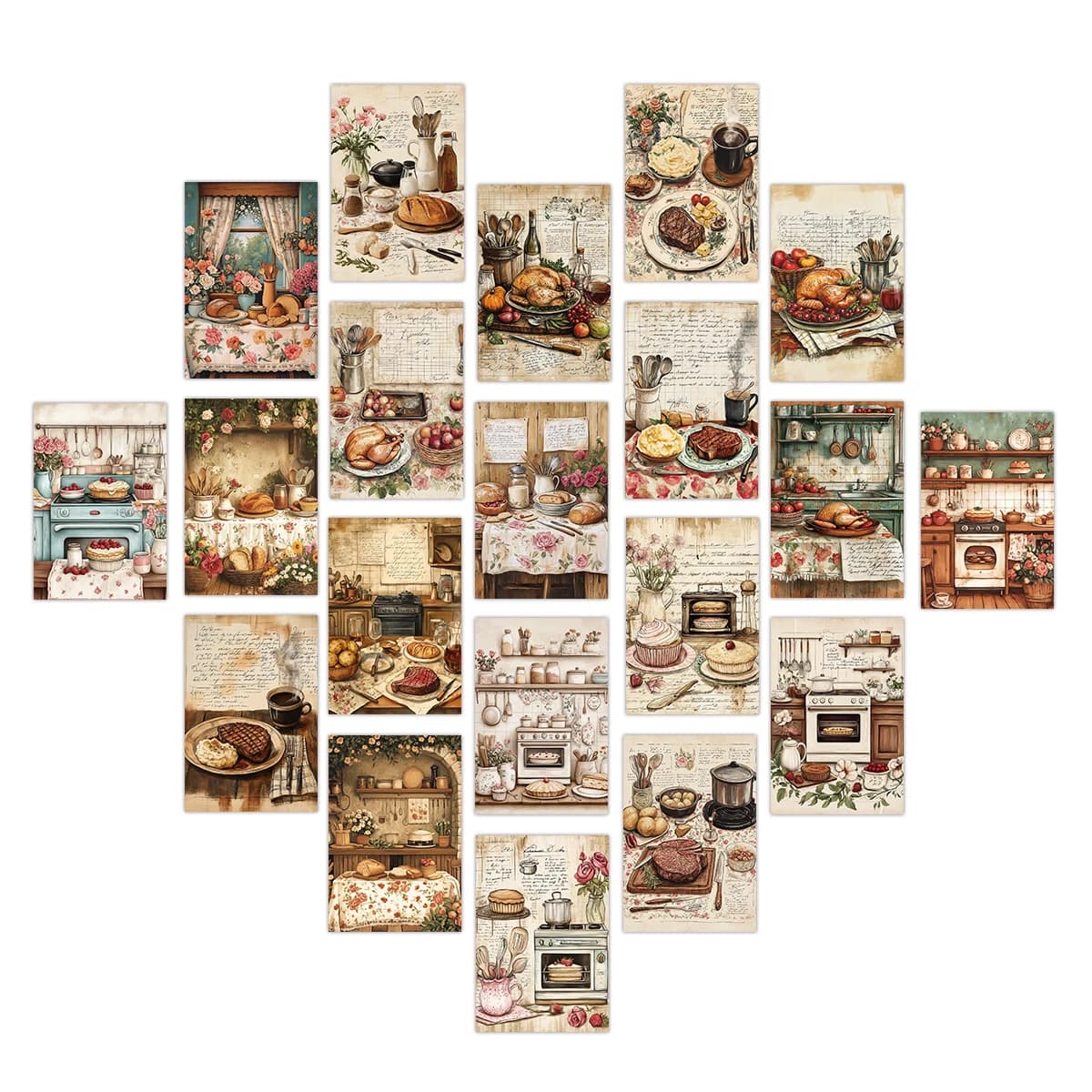 20pcs Vintage Kitchen&Food Illustration Aesthetic Postcards,Culinary Wall Art Collage Kit Card,For Scrapbook,Junk Journal Craft