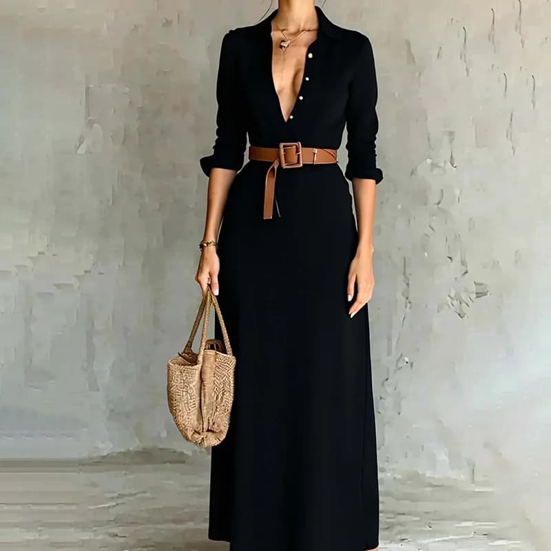 Autumn Women's Elegant Lapel Fashion Solid Holiday Dress Long Dress Casual Long Sleeve Matched Sexy Dress With Dress Shirt With Belt