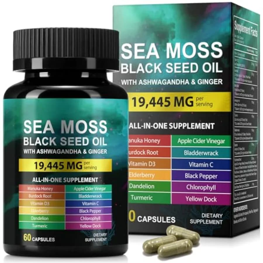Olio di semi neri di Sea Moss, Ashwagandha, Zenzero, Integratore in capsule di Sea Moss con Curcuma, Radice di Bardana, Bladderwrack, Vitamina C