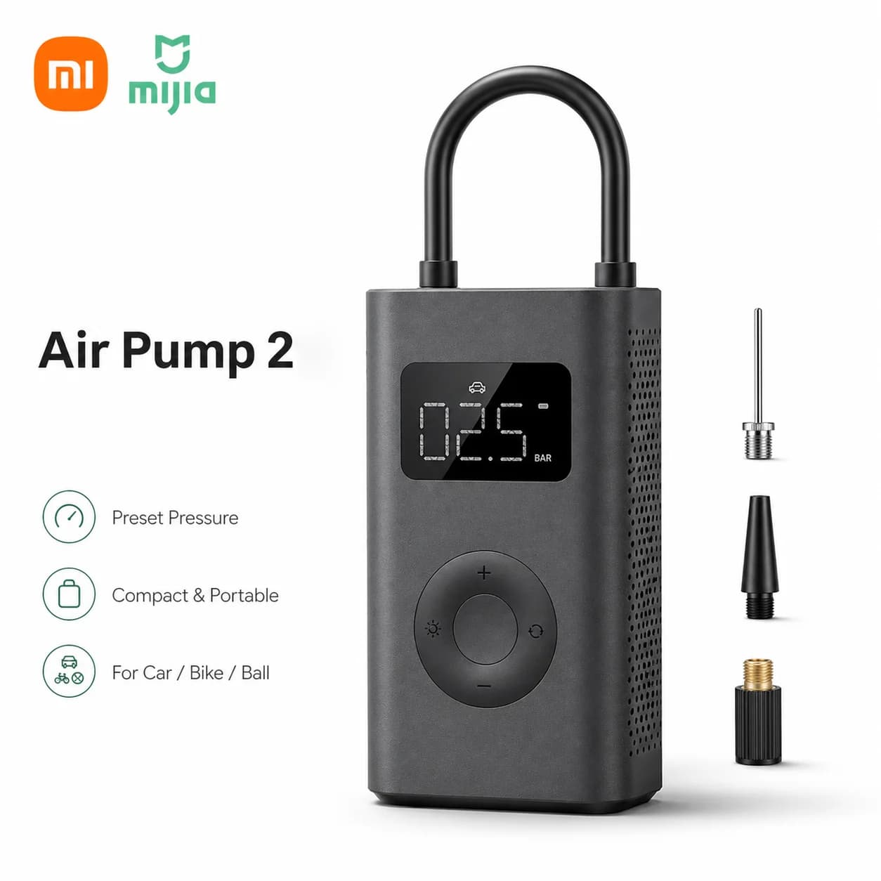 Pompa ad aria elettrica portatile Xiaomi MIJIA Air Pump 2, compressore d'aria digitale da 150 PSI per auto, bici, moto e palloni