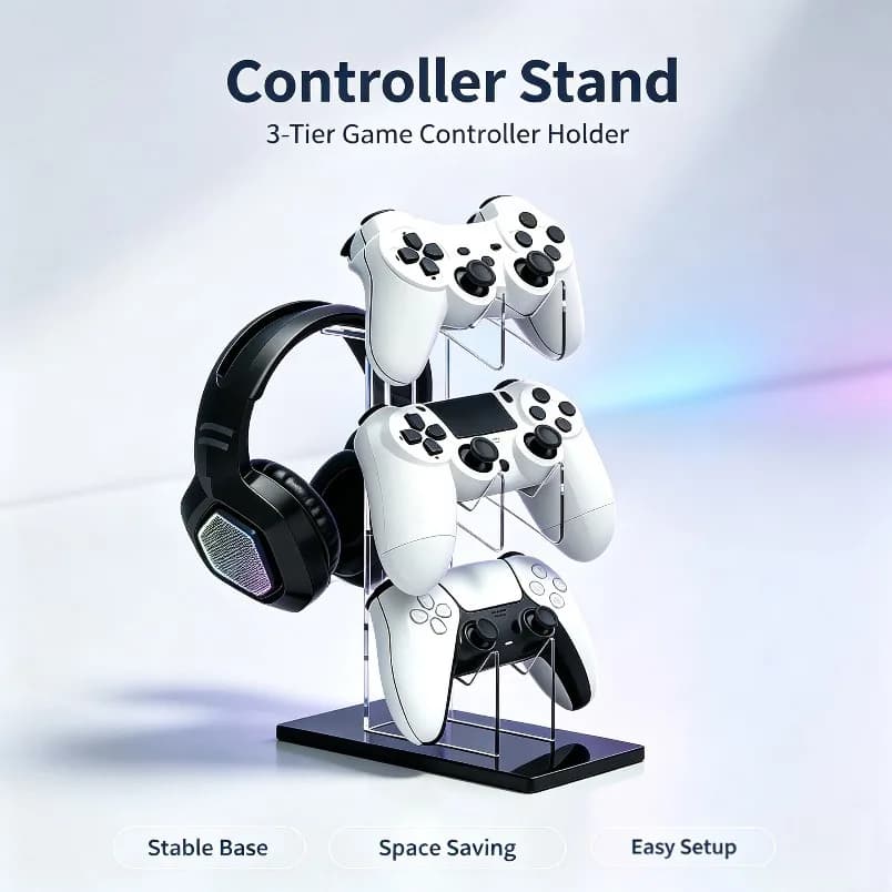 Game Storage Rack 3 Tier Controller Stand Headphone Hanger Sturdy Display Shelf Space Saving for PS5 PS4 Desk Setup