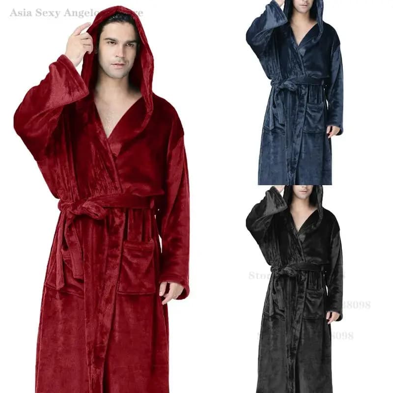 Addensato in pile di corallo Abito lungo da notte Plus Size 5XL Flanella Uomo Abbigliamento per la casa Pigiama Inverno Accappatoio con cappuccio Indumenti da notte
