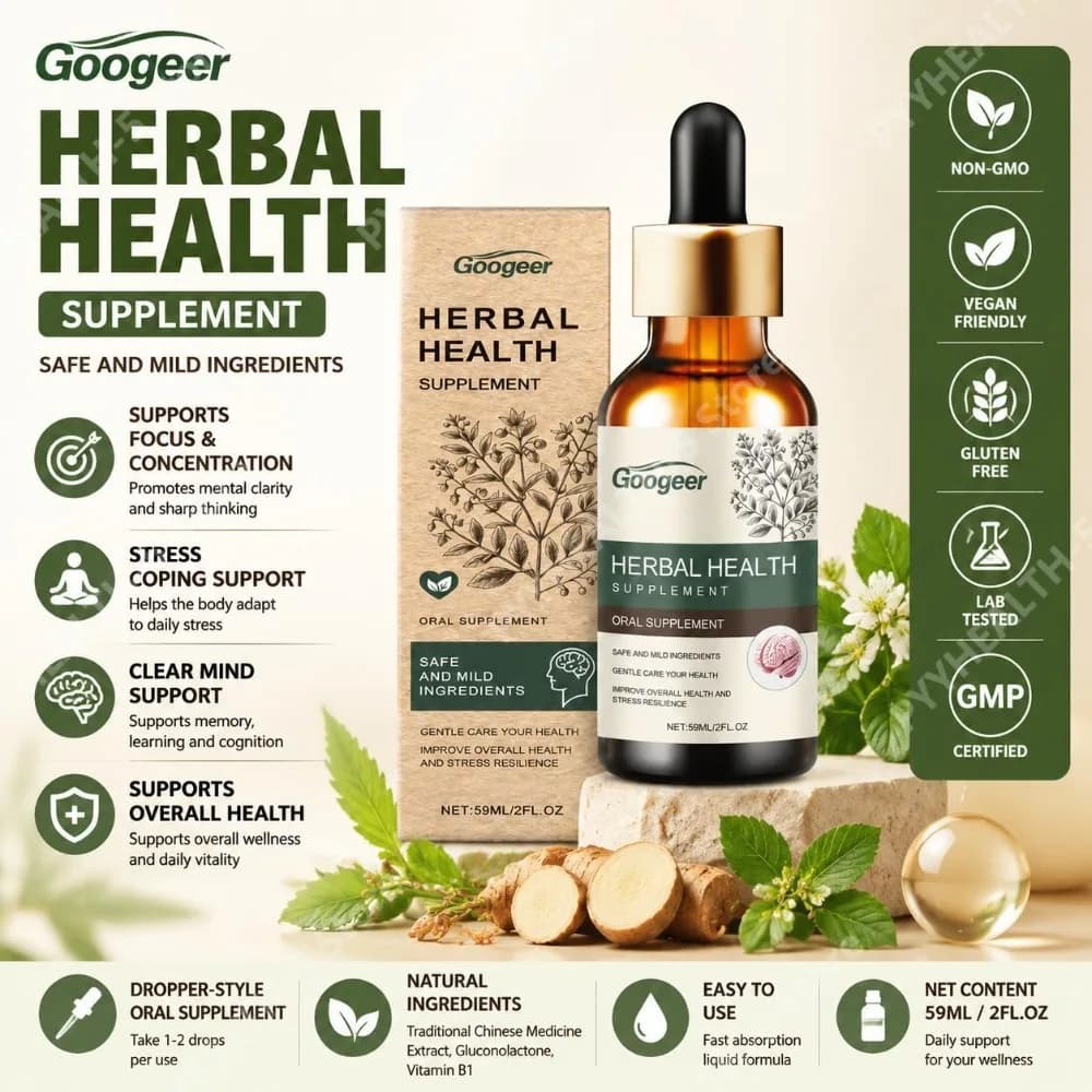 Googeer Oral Support Herbal Supplement for Stress and Clear Mind with Vitamin B1 and Gluconolactone 59 ML