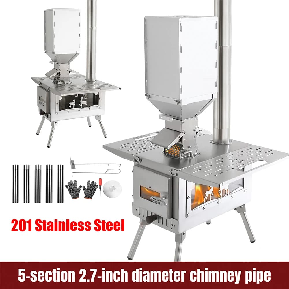 Stainless Steel Camping Stove in Wood with Fireplace Hoses Included for Kitchen and Heat Open