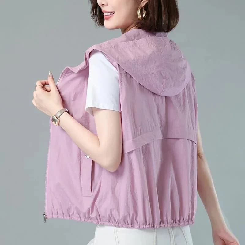 Primavera estate sottile con cappuccio protezione solare gilet giacca da donna nuova cerniera giacca corta senza maniche Casual femminile top Chaleco Mujer