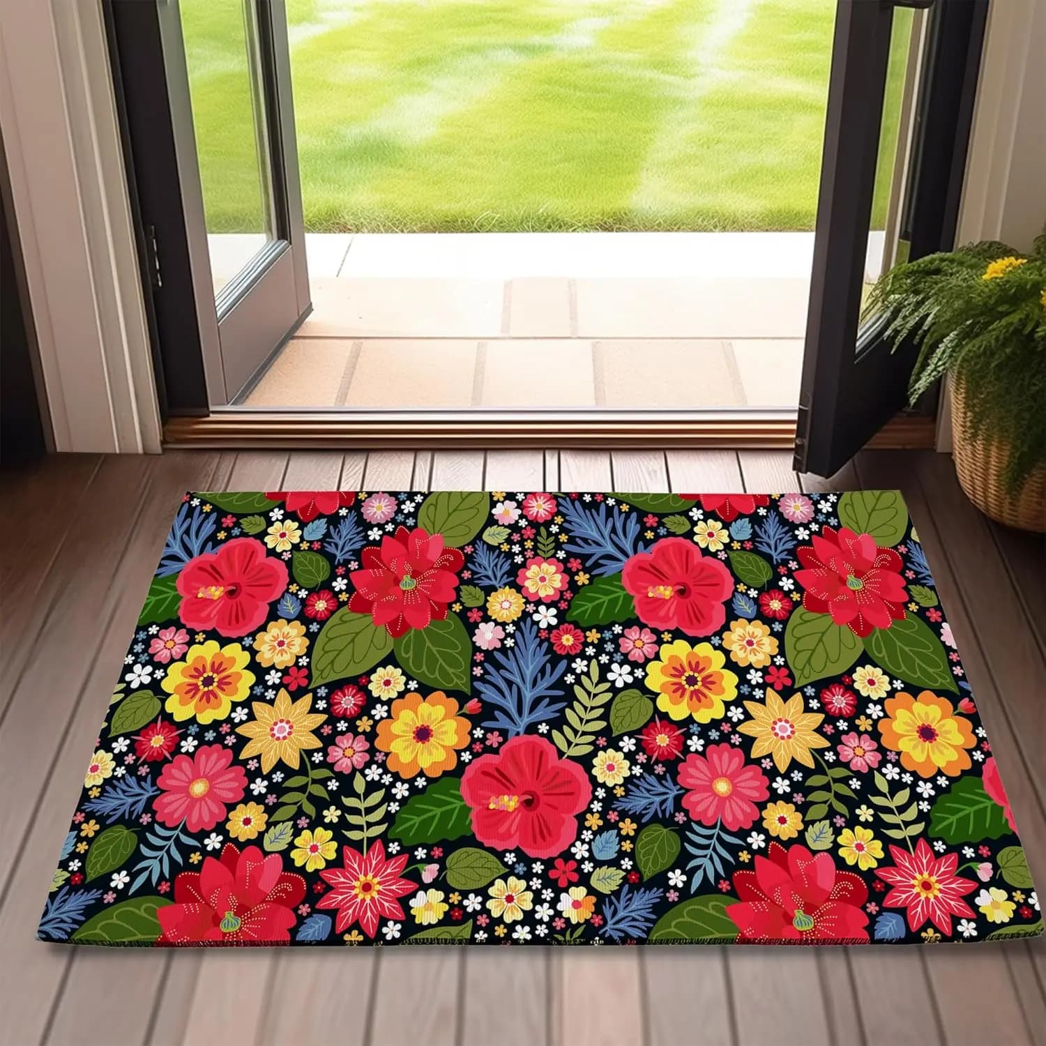 Tappeto di Benvenuto Floreale Esotico per Porta d'Ingresso, Zerbino Antiscivolo a Profilo Basso con Fiori Colorati per Veranda e Patio
