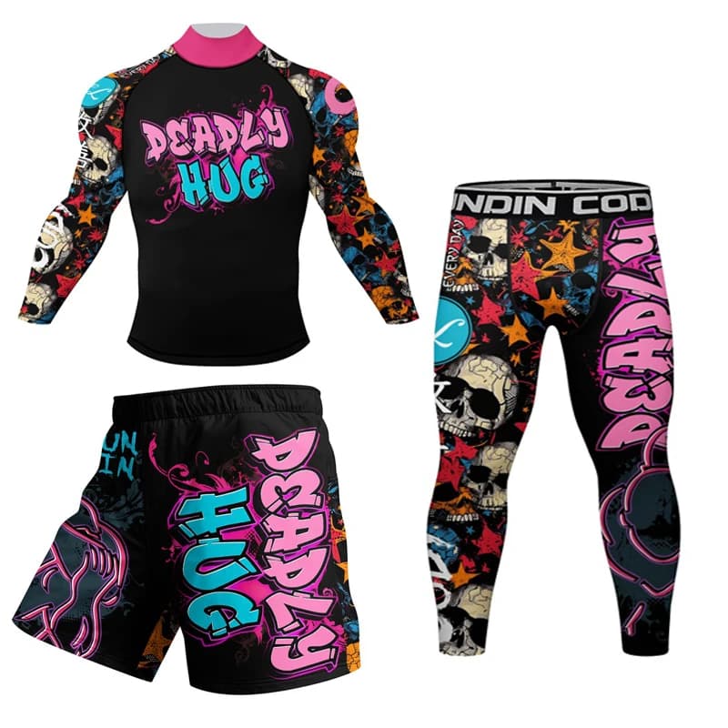 New Skull MMA Compression Rashguard T-shirt + Pantaloncini Set Bjj Rash guards Jiu Jitsu Camicie Muay Thai Allenamento Boxe Abbigliamento Tuta