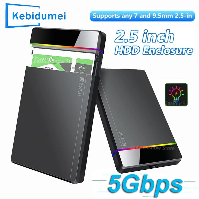 Custodia per disco rigido esterno SATA HDD SSD da 2,5 pollici Custodia USB 3.2 RGB Velocità di trasferimento 5 Gbps Scatole per disco rigido Custodia per PC portatile