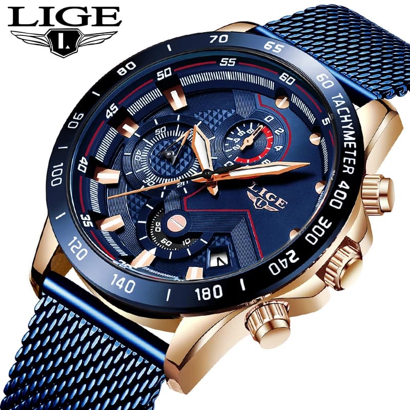LIGE Orologio da uomo al quarzo di lusso delle migliori marche Orologio da uomo con cintura in maglia da lavoro di moda per uomo Orologio cronografo da polso luminoso impermeabile