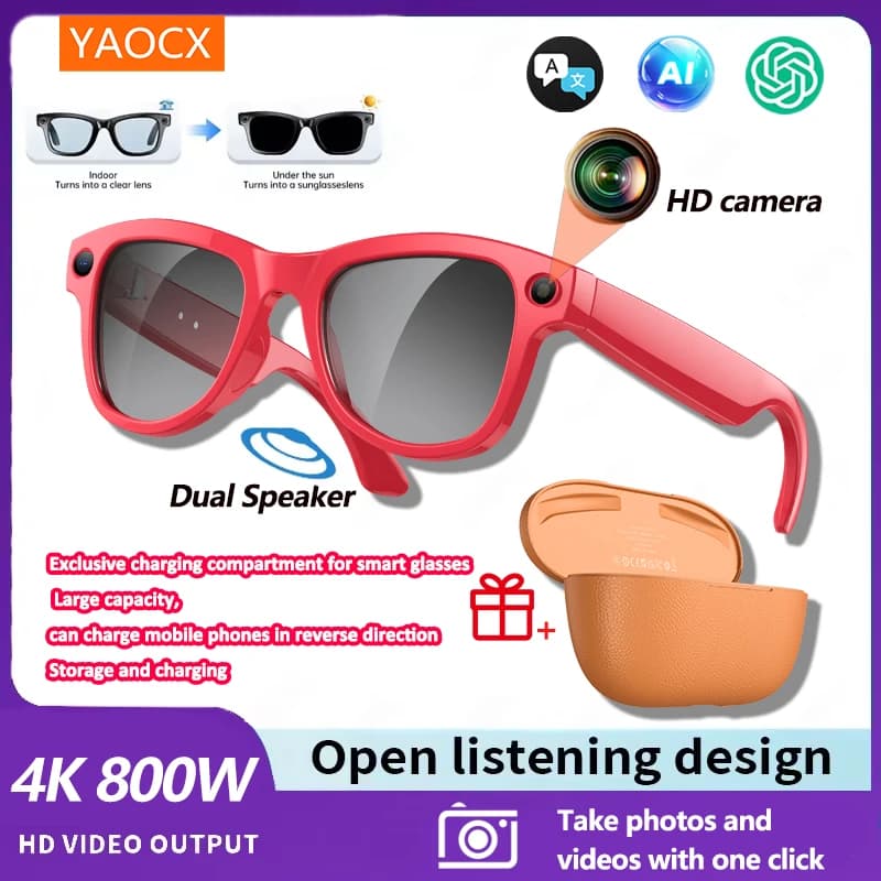 Yaocx AI Smart Camera Chat GPT Translation Voice Control WiFi 1200P HD Resumption 3600mAh Charging Case Smart Glasses