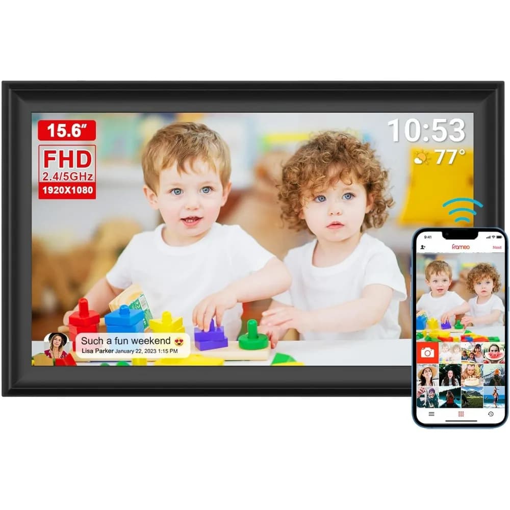 Cornice per foto digitale FRAMEO da 15,6 pollici con touch screen LCD IPS FHD 1920x1080, -WiFi condividi foto e video tramite Frameo